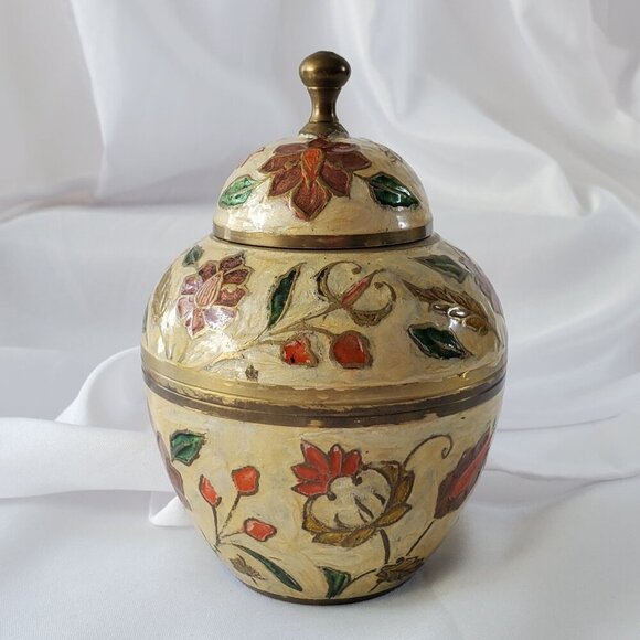 VTG Brass Cloisonné Enamel Lidded Ginger Jar Pot Urn Made in India 6 inches tall - Picture 3 of 13